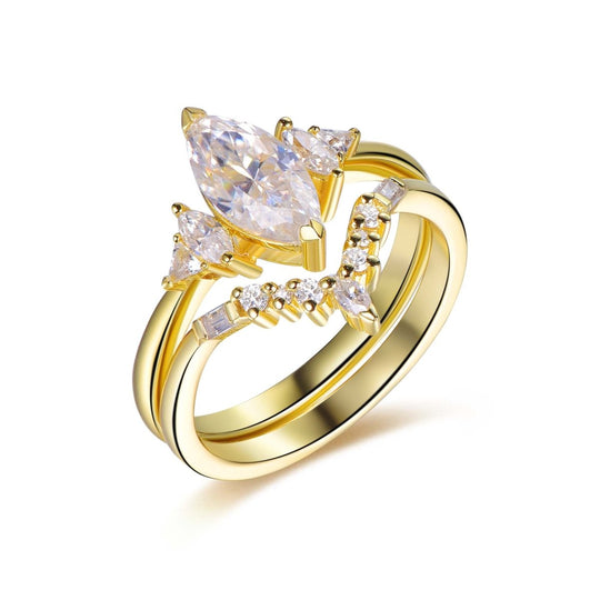 1.1ct Marquise Moissanite Triangle Engagement Chevron Bridal Set 14K Gold - Trilliant Deco