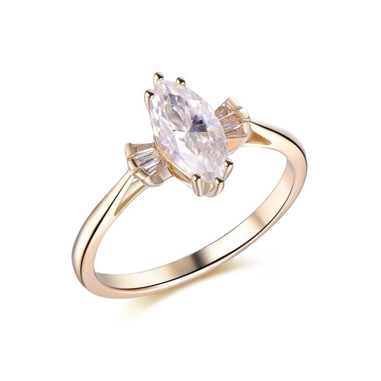 1.1ct Marquise Moissanite with Baguette Accent Engagement Ring 14K Gold