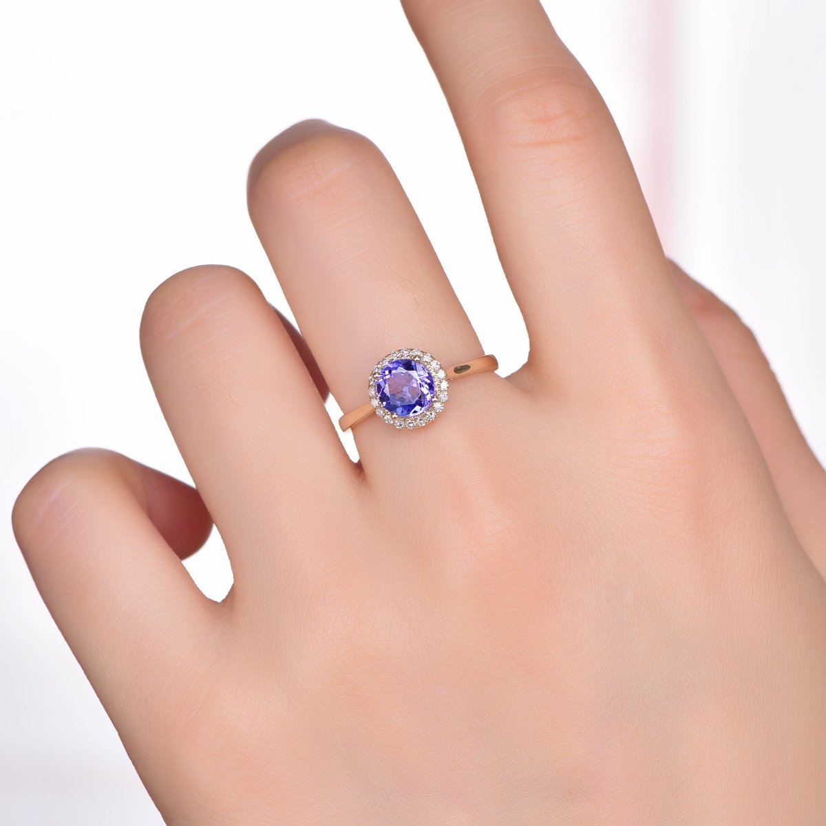1.1ct Round Tanzanite Diamond Halo Engagement Ring 14K Yellow Gold - Lord of Gem Rings
