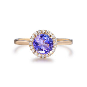 1.1ct Round Tanzanite Diamond Halo Engagement Ring 14K Yellow Gold - Lord of Gem Rings