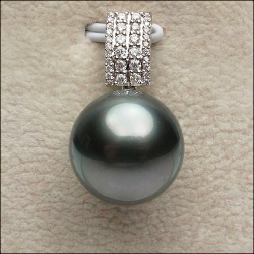 11mm Black Tahitian Pearl Pendant 14K White Gold Diamond Bail - Lord of Gem Rings
