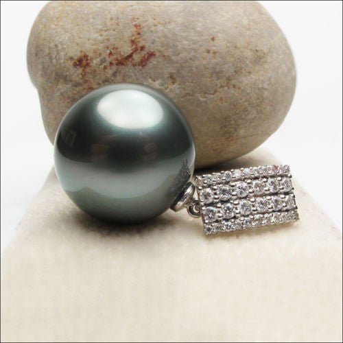 11mm Black Tahitian Pearl Pendant 14K White Gold Diamond Bail - Lord of Gem Rings