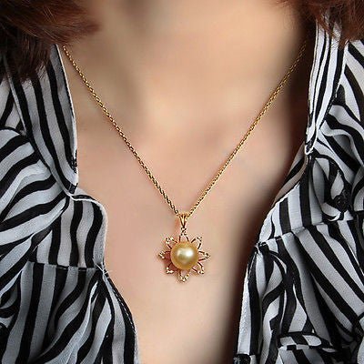 11mm South Sea Golden Pearl Flower 18K Yellow Gold .24ctw Diamonds pendant - Lord of Gem Rings