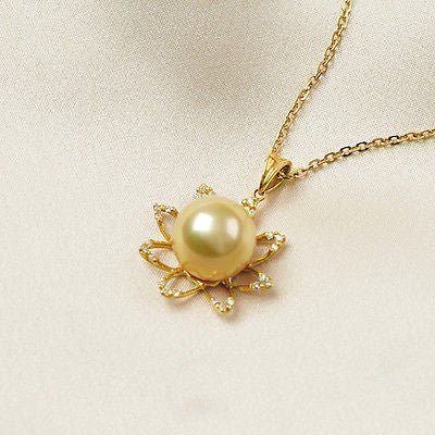11mm South Sea Golden Pearl Flower 18K Yellow Gold .24ctw Diamonds pendant - Lord of Gem Rings