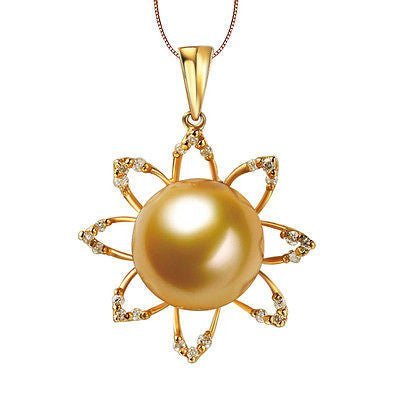 11mm South Sea Golden Pearl Flower 18K Yellow Gold .24ctw Diamonds pendant