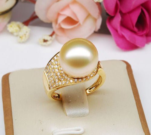 11mm South Sea Pearl .65CT Diamonds Engagement Ring in 14K Yellow Gold - Lord of Gem Rings