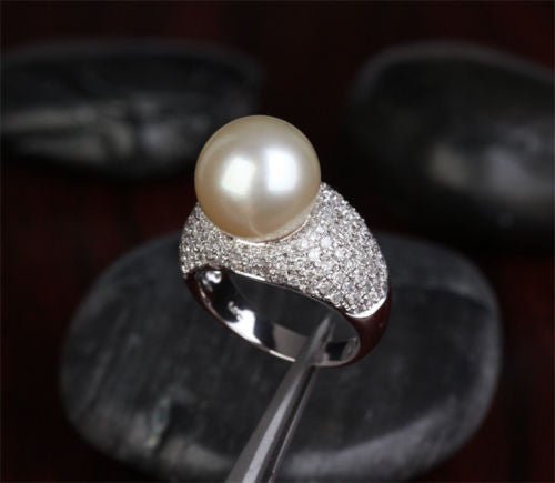 12.3mm South Sea Pearl 1.11CT Diamond Engagement Ring in 14K White Gold - Lord of Gem Rings