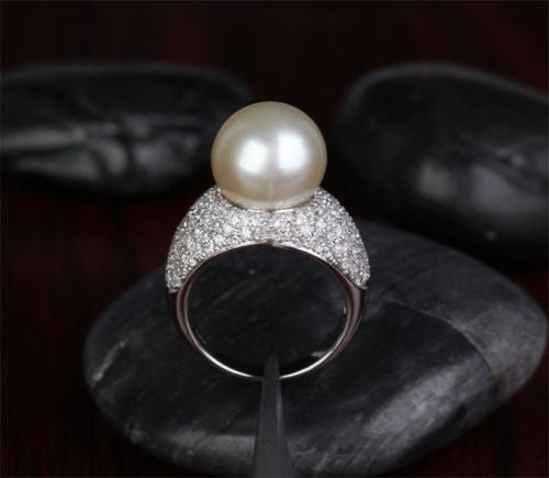 12.3mm South Sea Pearl 1.11CT Diamond Engagement Ring in 14K White Gold - Lord of Gem Rings