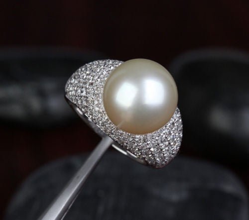 12.3mm South Sea Pearl 1.11CT Diamond Engagement Ring in 14K White Gold - Lord of Gem Rings