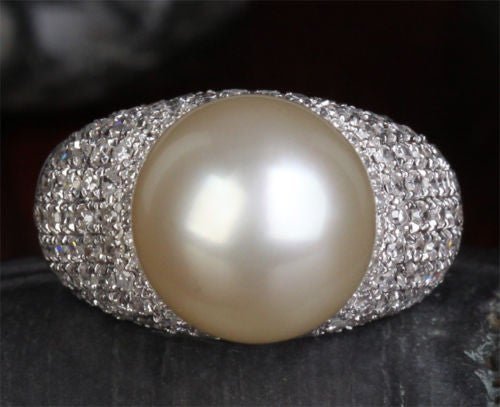 12.3mm South Sea Pearl 1.11CT Diamond Engagement Ring in 14K White Gold - Lord of Gem Rings