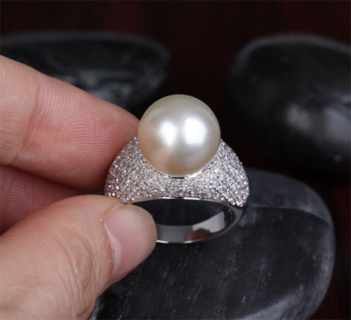 12.3mm South Sea Pearl 1.11CT Diamond Engagement Ring in 14K White Gold - Lord of Gem Rings