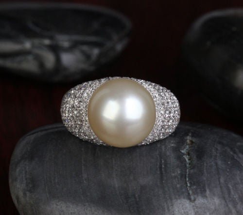 12.3mm South Sea Pearl 1.11CT Diamond Engagement Ring in 14K White Gold - Lord of Gem Rings