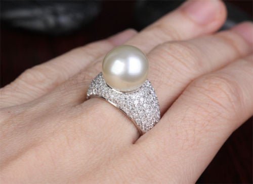 12.3mm South Sea Pearl 1.11CT Diamond Engagement Ring in 14K White Gold - Lord of Gem Rings