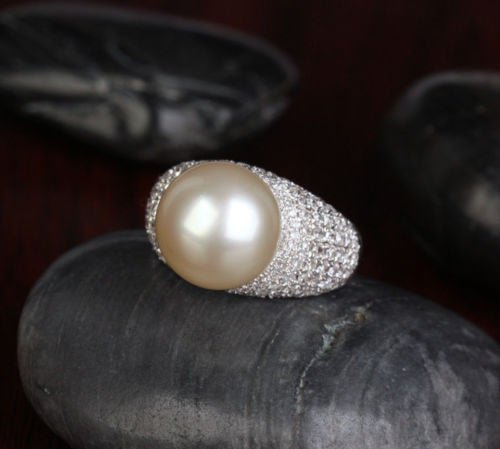 12.3mm South Sea Pearl 1.11CT Diamond Engagement Ring in 14K White Gold - Lord of Gem Rings