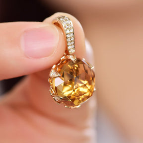 12.5ct Round Citrine Diamond Pendant with Bail Enhancer 18k Yellow Gold - Lord of Gem Rings