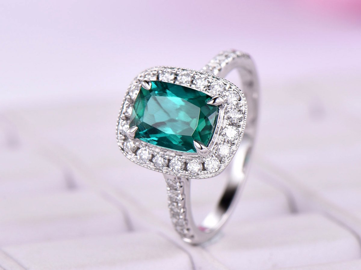 1.2ct Cushion Emerald Milgrain Halo Ring with VS/H Diamond Accents - Lord of Gem Rings