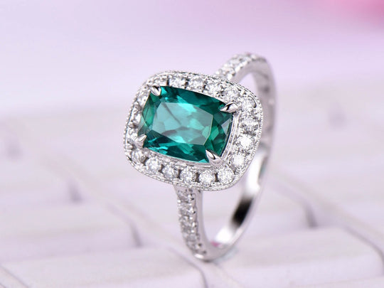 1.2ct Cushion Emerald Milgrain Halo Ring with VS/H Diamond Accents