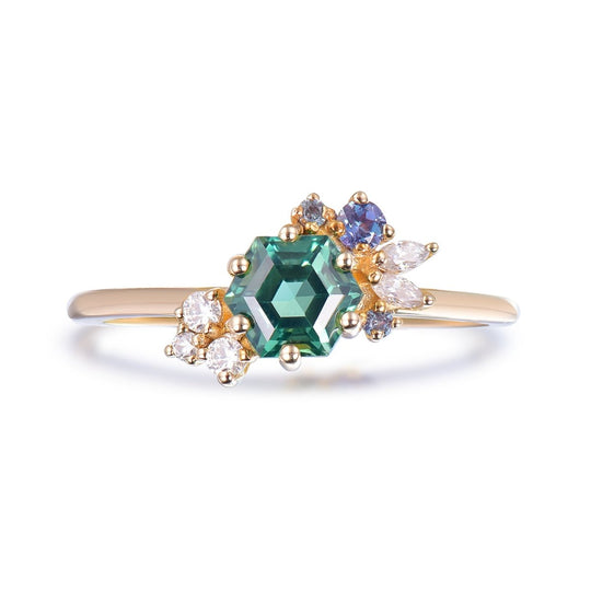 1.2ct Hexagon Emerald Moissanite Alexandrite Engagement Ring 14K Gold / Silver