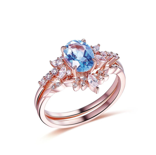 1.2ct Oval Aquamarine Leaf Bridal Set 14K Gold/Silver