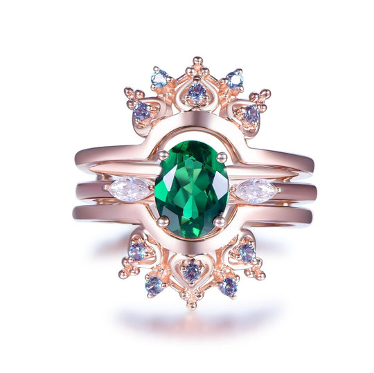1.2ct Oval Emerald Engagement Bridal Set Ring Guard 14K Gold
