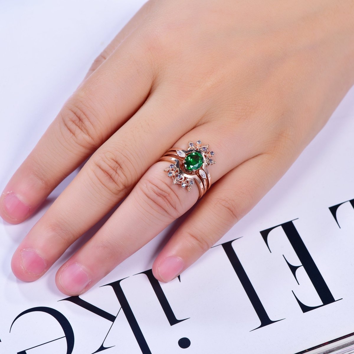 1.2ct Oval Emerald Engagement Bridal Set Ring Guard 14K Gold - Lord of Gem Rings