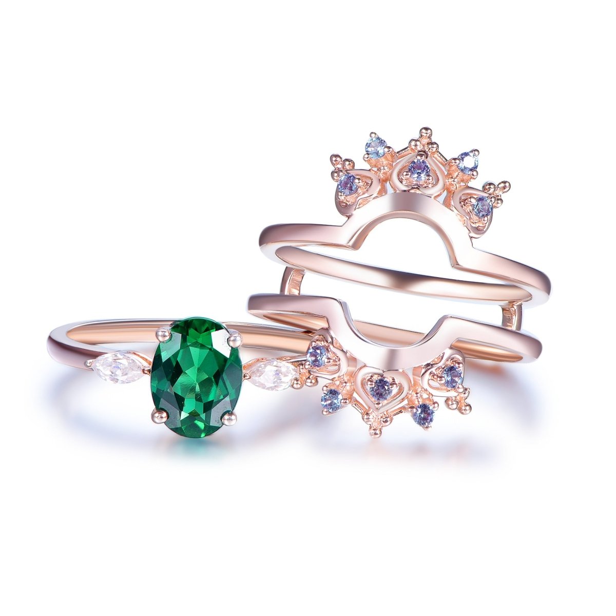 1.2ct Oval Emerald Engagement Bridal Set Ring Guard 14K Gold - Lord of Gem Rings