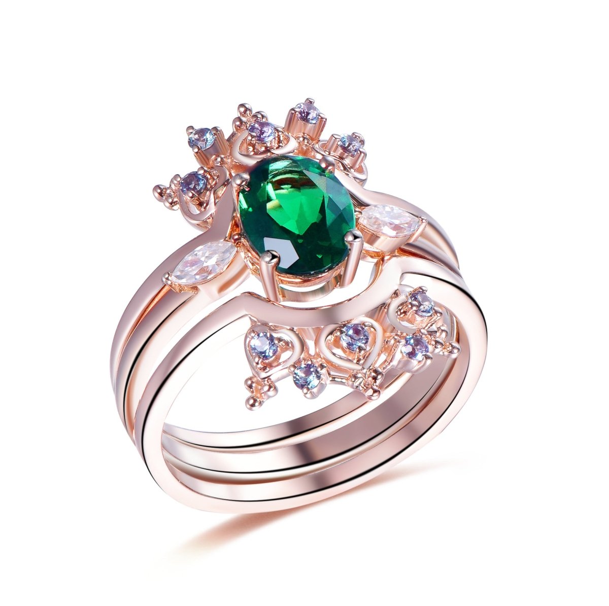 1.2ct Oval Emerald Engagement Bridal Set Ring Guard 14K Gold - Lord of Gem Rings