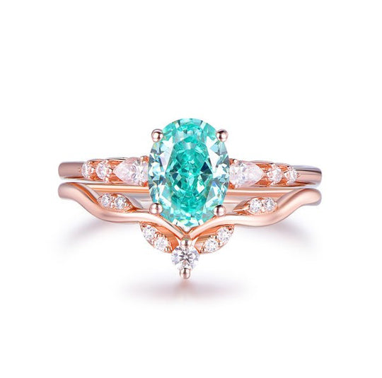 1.2ct Oval Green Moissanite Tiara Bridal Set in 14K Rose Gold