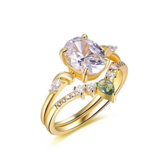 1.2ct Oval Moissanite Ring Moss Agate Chevron Bridal Set 14K Gold