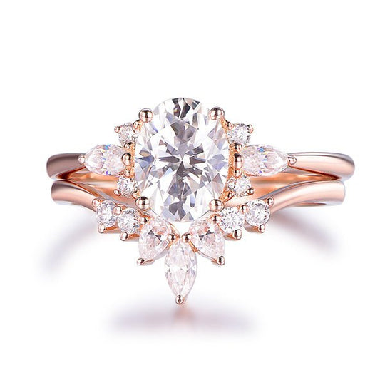 1.2ct Oval Moissanite Ring Tiara Bridal Set in 14K Gold