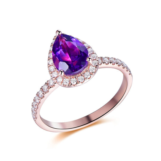 1.2ct Pear Dark Purple Amethyst Ring Diamond Halo 14K Gold