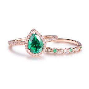 1.2ct Pear Emerald Moissanite Bridal Set 14K Rose Gold - Lord of Gem Rings