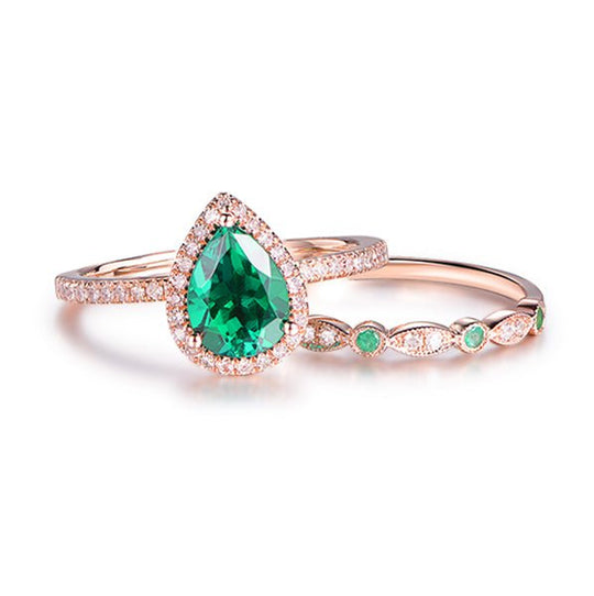 1.2ct Pear Emerald Moissanite Bridal Set 14K Rose Gold
