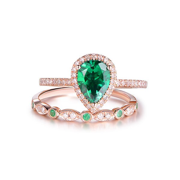 1.2ct Pear Emerald Moissanite Bridal Set 14K Rose Gold - Lord of Gem Rings