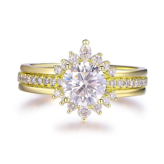 1.2ct Round Moissanite Trio Tiara Bridal Set Marquise Diamond Chevron Wedding Band