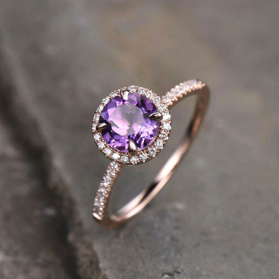 1.2ct Round Natural Purple Amethyst Engagement Ring Diamond Halo 14K Rose Gold - Lord of Gem Rings