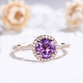 1.2ct Round Natural Purple Amethyst Engagement Ring Diamond Halo 14K Rose Gold - Lord of Gem Rings