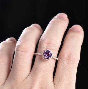 1.2ct Round Natural Purple Amethyst Engagement Ring Diamond Halo 14K Rose Gold - Lord of Gem Rings