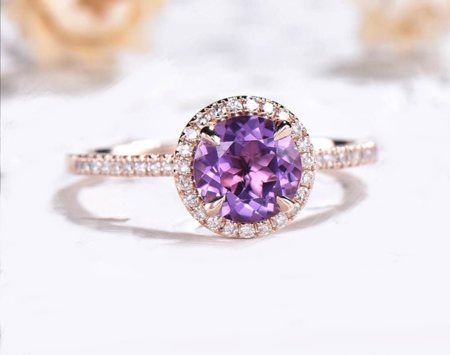 1.2ct Round Natural Purple Amethyst Engagement Ring Diamond Halo 14K Rose Gold - Lord of Gem Rings