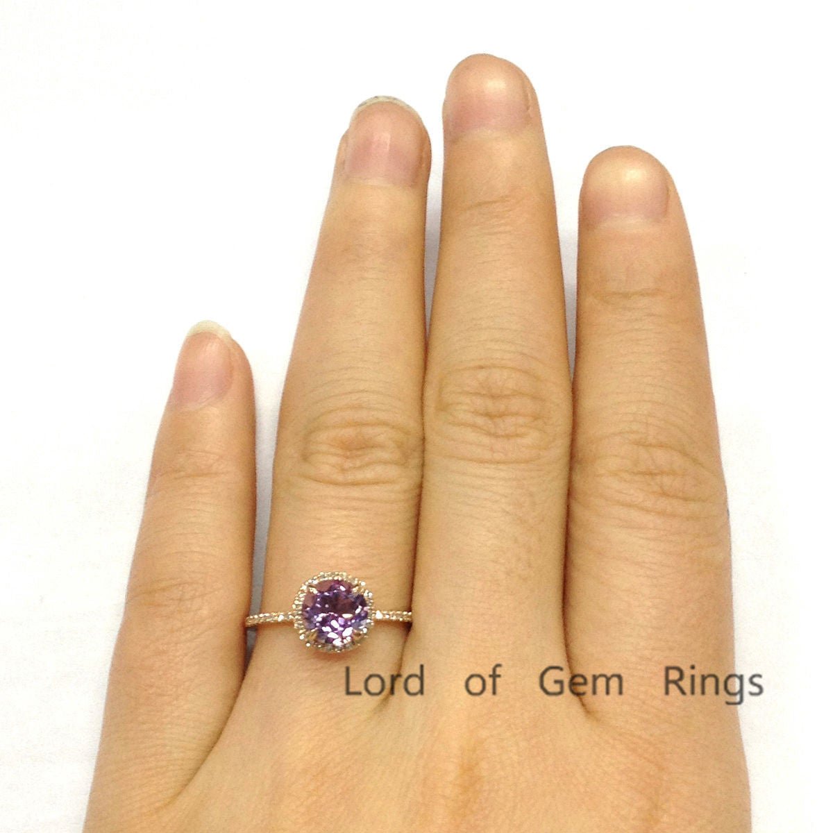 Round Natural Purple Amethyst Engagement Ring Diamond Halo 14K R