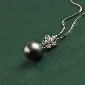 12mm Black Tahitian Pearl 18K White Gold VS-SI Diamonds pendant Floral Bail - Lord of Gem Rings