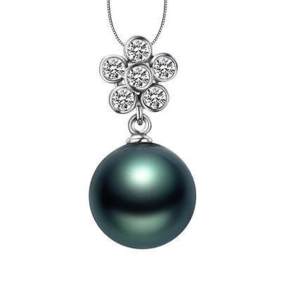 12mm Black Tahitian Pearl 18K White Gold VS-SI Diamonds pendant Floral Bail