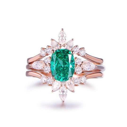 1.35ct Oval Green Moissanite Trio Tiara Bridal Set in 14K Rose Gold