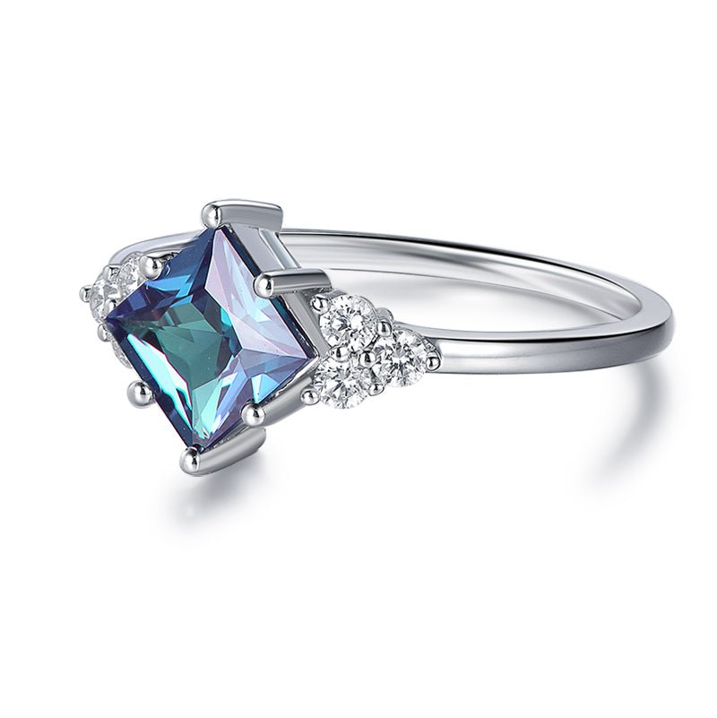 1.3ct Princess Alexandrite Engagement Ring Diamond Cluster 14K White Gold - Lord of Gem Rings