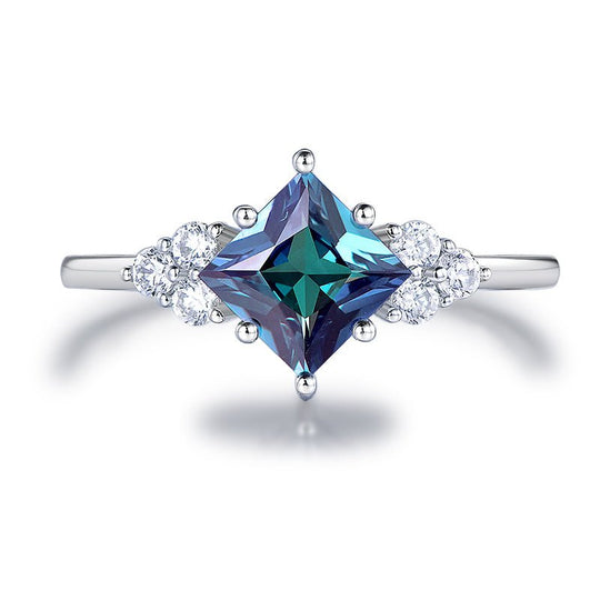 1.3ct Princess Alexandrite Engagement Ring Diamond Cluster 14K White Gold