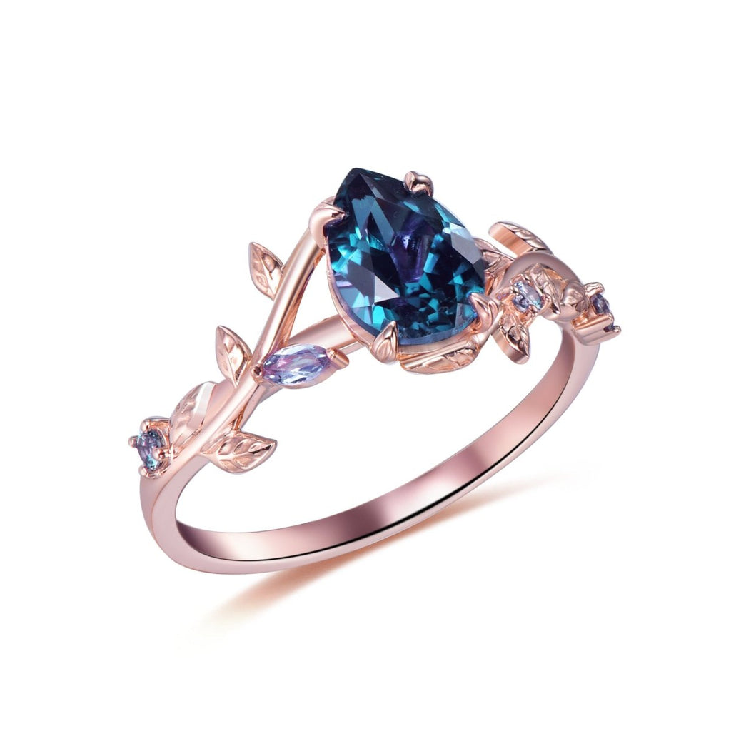 1.4ct Pear Alexandrite Vine Leaf Engagement Ring 14K Gold | LOGR