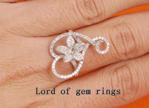 14K WHITE GOLD Unique Flower Pavé Diamond ENGAGEMENT Ring Wedding Ring (.52ct.tw.) - Lord of Gem Rings