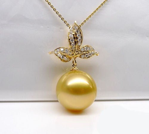 14K Yellow Golden South Sea Pearl and Diamond Pendant (10mm) - Lord of Gem Rings