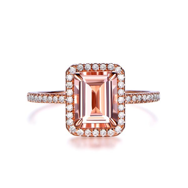 1.5-3.3ct Emerald Cut Morganite Ring Diamond Accents Halo Engagement Ring - Lord of Gem Rings