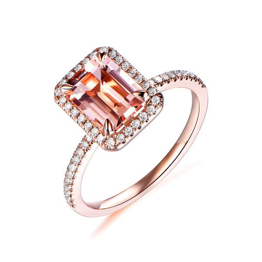 1.5-3.3ct Emerald Cut Morganite Ring Diamond Accents Halo Engagement Ring